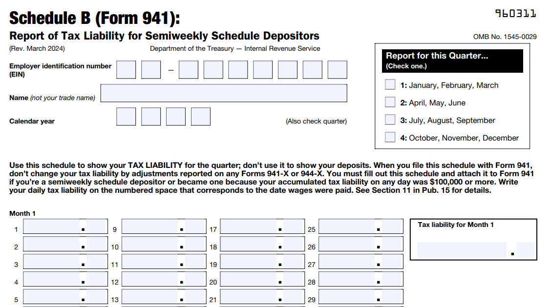 IRS Form 941 Schedule B for 2024 | Semi Weekly Schedule Depositor