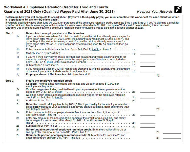 IRS Form 941 Worksheet 4 For 3rd Quarter 2021